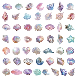 Variety of iridescent PET seashell and pearl stickers with dreamlike laser finish