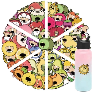 Detail showing various cute fruit dog stickers applied on a pink and blue gradient water bottle