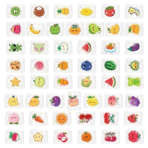 Close-up of 48 cute cartoon fruit stickers featuring vibrant macaron colors on PET material