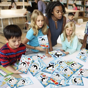 Cartoon penguin puzzle stickers set for kids DIY activities in a classroom setting