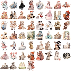 Set of 52 transparent watercolor fairy tale stickers for DIY journals and notebooks