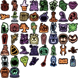 Neon Halloween stickers set showing various waterproof designs for luggage and laptops