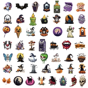 Λεπτομερής προβολή 49 αυτοκόλλητων PET Halloween με σχέδια κολοκύθας, φαντασμάτων και κρανίων