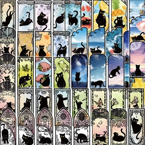 Detailed grid showing 50 cute black cat PET stickers for DIY scrapbooking and laptops