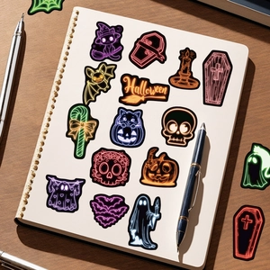 Neon Halloween stickers set with spooky patterns on a white notebook and wood desk