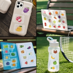 Close-up of cute fruit candy PET stickers used on water bottles and phone cases