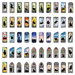 Detailed grid of fifty unique cute black cat PET stickers featuring artistic scenery designs