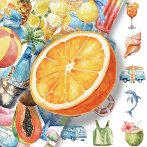 Set of 50 watercolor tropical summer PET stickers for DIY scrapbooks and water bottles