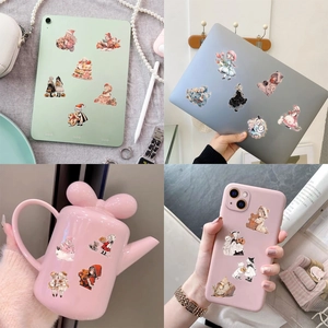 Waterproof PET watercolor fairy tale stickers applied on laptop, tablet and water bottle