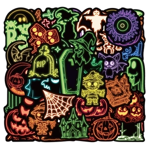 Neon Halloween stickers featuring pumpkins, ghosts and skulls on a white background