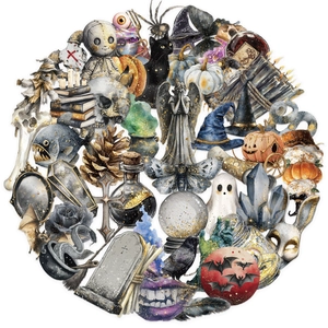 50 pieces of transparent vintage gothic magic stickers with watercolor and gold glitter finish