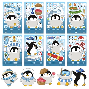 DIY Penguin make-a-face sticker set with 8 sheets of waterproof cartoon penguin decals