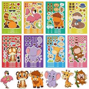 DIY cartoon animal stickers set with 8 themes like raccoon and tiger for face-swapping fun