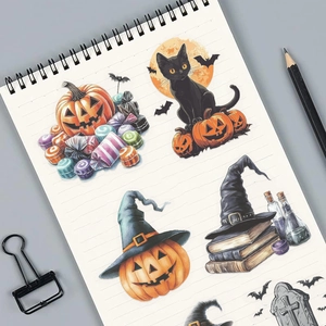 Λεπτομέρεια από αυτοκόλλητα PET Halloween με κολοκύθες και γάτες σε σελίδα σημειωματάριου