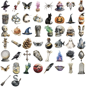 50pcs vintage gothic watercolor stickers featuring skeletons and black cats for scrapbooks