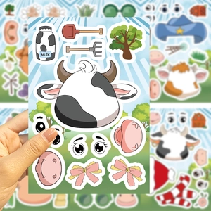 Foglio di adesivi a forma di mucca con varie espressioni facciali e accessori decorativi