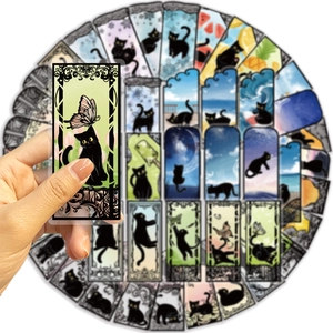 Detailed view of semi-transparent PET stickers featuring cute black cat art designs
