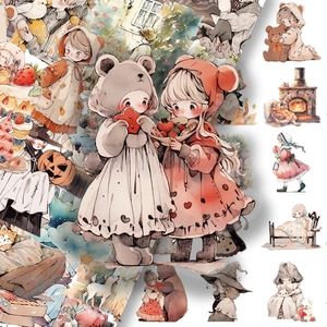 Set of 50 healing watercolor fairy tale PET stickers featuring cute cartoon girls and bears