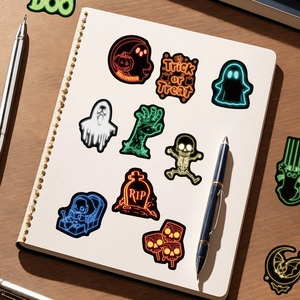 Neon Halloween stickers on white notebook pages with pens on a wooden desk scenery