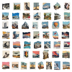 Detail showing vintage torn photo PET stickers with landscapes and retro aesthetics
