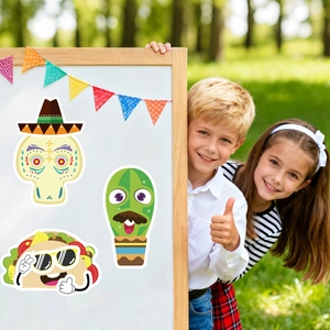 Mexican Fiesta puzzle stickers set featuring cartoon skull cactus and taco for kids DIY fun