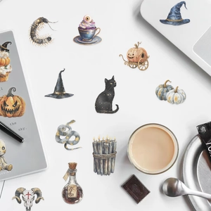 50pcs vintage dark watercolor PET stickers featuring Halloween cats, pumpkins, and skulls