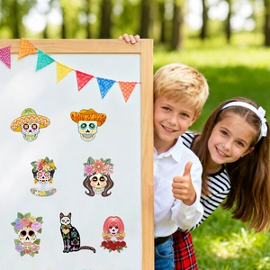 Kids using colorful Day of the Dead sugar skull stickers for Halloween party decorations