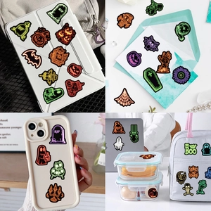 50pcs neon Halloween stickers set for laptop and luggage with pumpkin and ghost designs