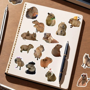50 realistic Capybara stickers in cute costumes on spiral notebook over wood background