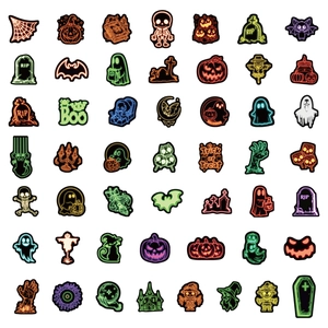 Close-up of assorted neon Halloween stickers with pumpkin, ghost, and skull patterns