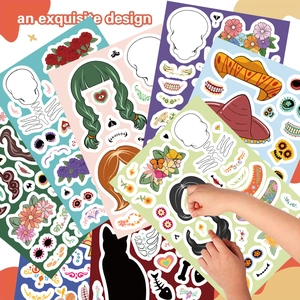 Kids hands playing with colorful Day of the Dead DIY stickers for Halloween party fun