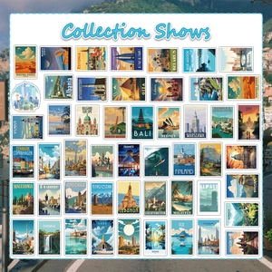 Collection of 50 vintage travel stickers featuring world landmarks in a retro art style