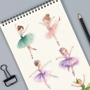 Vue détaillée de stickers ballerines en aquarelle sur un carnet à spirales