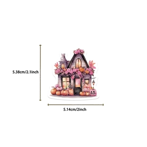 Close-up of waterproof Halloween sticker showing sizes 5.38cm by 5.14cm with pumpkin house