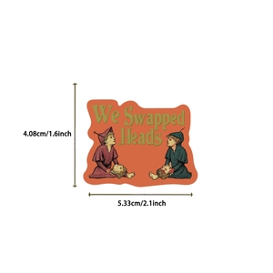 Size detail of weird medieval sticker showing characters swapping heads at 2.1x1.6 inches