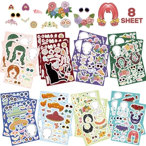 Detail of 8 sheet Day of the Dead cartoon face stickers for Halloween DIY party decor