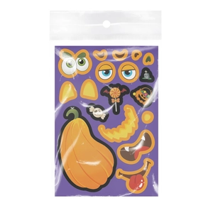 Macro detail of Halloween pumpkin face DIY sticker pack with various expression accessories