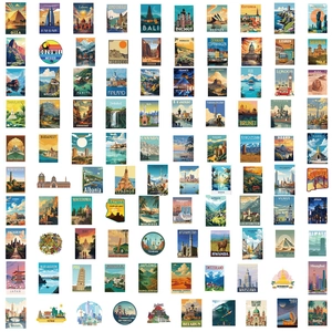 Detailed grid of 100 vintage world landmark travel stickers for luggage and laptop