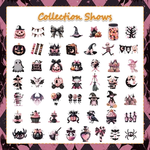 Collection de 48 autocollants d'Halloween rose et noir avec motifs citrouille et fantôme