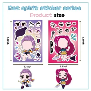 DIY Pet Spirit stickers size chart featuring purple and pink cartoon sticker sheets