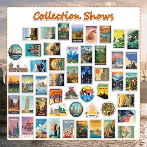 Collection de stickers de voyage rétro présentant des monuments mondiaux sur fond blanc