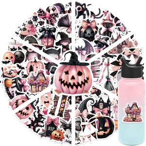 Lot de 50 stickers Halloween rose et noir pour bouteille d'eau avec fantômes et citrouilles