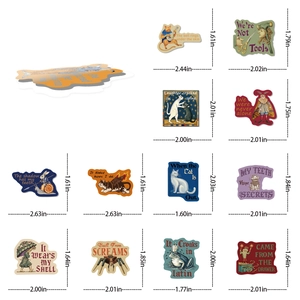 Detailed grid showing surreal medieval stickers with specific size dimensions in inches