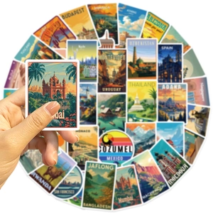 Autocollants de voyage rétro avec des monuments mondiaux en illustrations colorées
