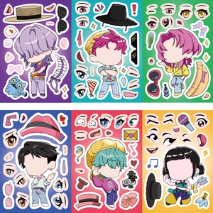 DIY anime make-a-face puzzle stickers set with 6 colorful cute character dress-up sheets