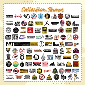 Sammlung von 100 Vinyl-Aufklebern für Helme mit humorvollen Sprüchen und Warnschildern