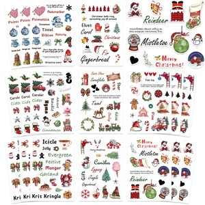 Detail of Christmas stickers set with Santa, reindeer, and snowmen patterns for DIY scrapbooking