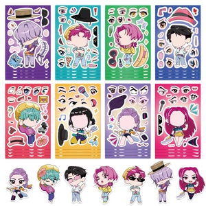 Detail of 8 DIY cartoon KPOP stickers with faces, hairstyles and creative accessories