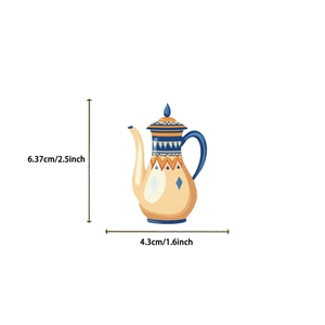 Middle East style coffee pot sticker with blue floral patterns and size dimensions