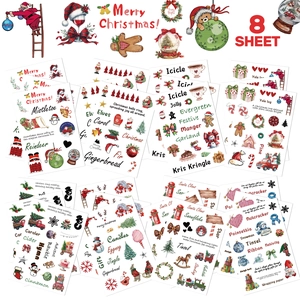 Set of 8 waterproof PVC Christmas stickers featuring Santa, reindeer, and snowman designs